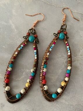Boho Multicolor Seed Beaded Copper Wire Teardrop Earrings Turquoise Accent